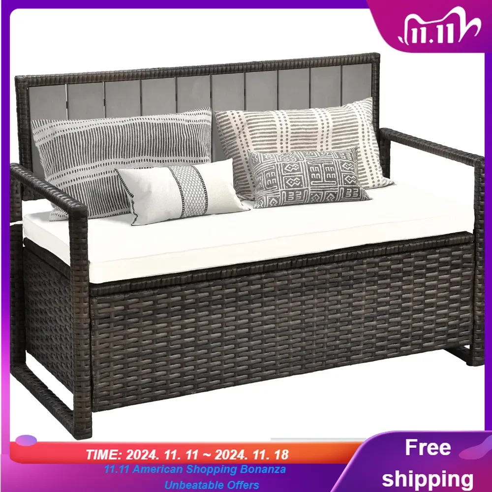 Gallon Outdoor Storage Bench, All-Weather PE Rattan Deck Box, Wicker Storage Seat Box for Patio Furniture