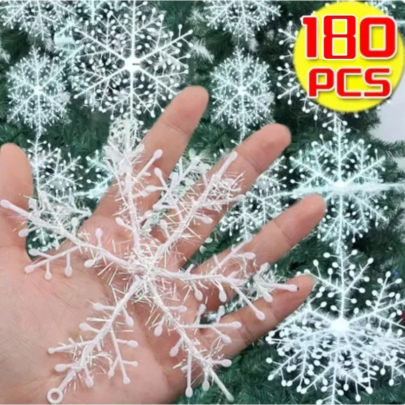 Christmas Plastic White Snowflakes Ornaments Xmas Tree Hanging Pendant Artificial Glitter Snow Flake Home DIY Wreath Decoration