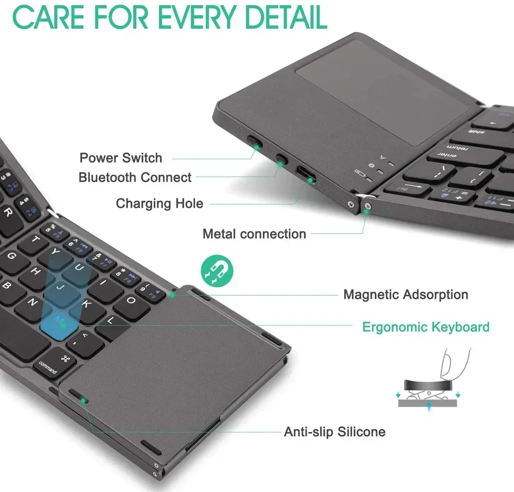 Mini clavier Bluetooth sans fil pliable, clavier TouchSub, Android, Windows, tablette, ordinateur portable, portable, 3