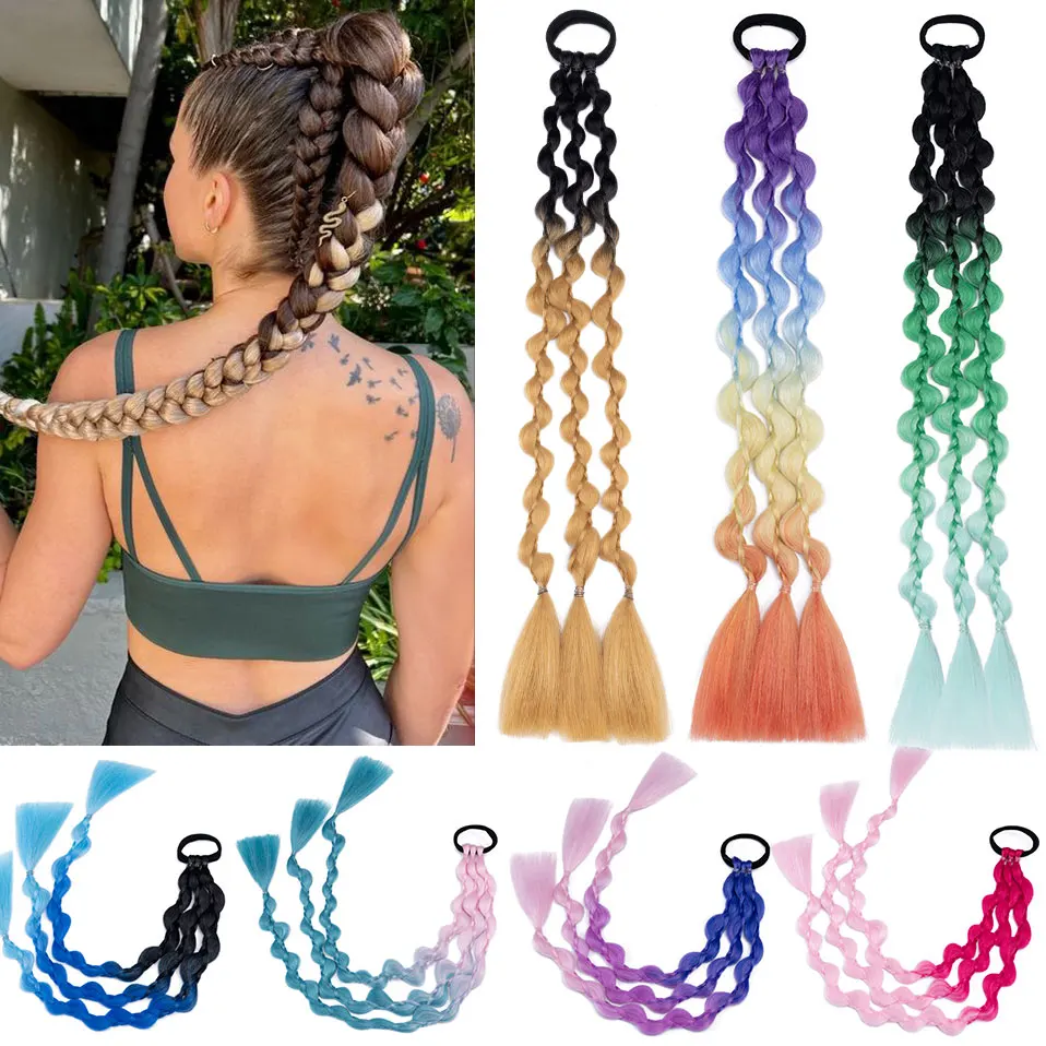 

Snoilite Synthetic Ponytail Extensions Corlorful Bubble Braid Long Lantern Braided Ponytail with Hair Tie Straight Hairpieces