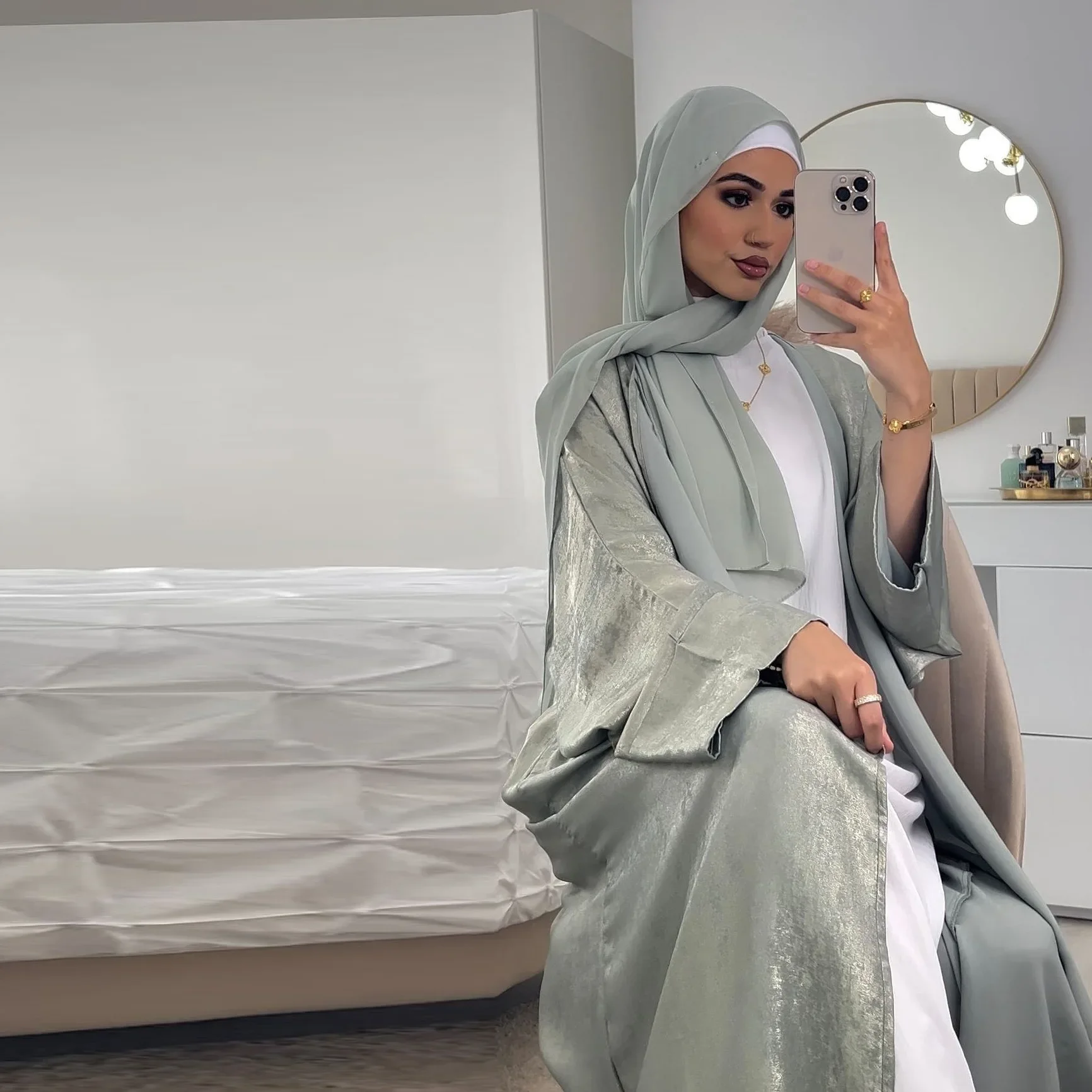 Modest Muslim Fashion Bronzed Abaya Cardigan Dubai Arabia Robe Satin Dress Kimono Jalabiya Women Eid Ramadan Abayas Kaftan Gown