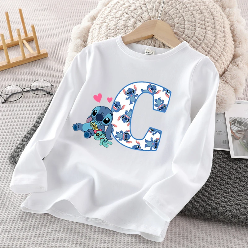 Disney Stitch Kids Long Sleeve T-Shirt Girls Cartoon 26 Letter Printed Cotton Top Cute Kawaii Winter Casual Warm Pullover Gifts