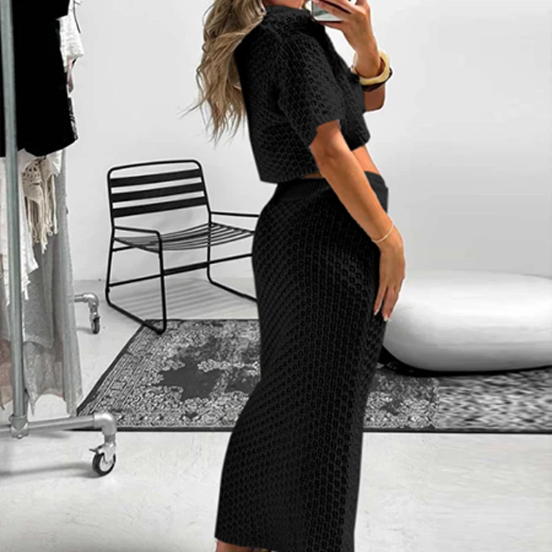 สไตล์ใหม่ถัก Hollow Out แขนสั้น Slim กระโปรง 2 ชิ้น Beach Cover Up ชุดสตรีวันหยุด Sun ชุดว่ายน้ํา Cover-Ups