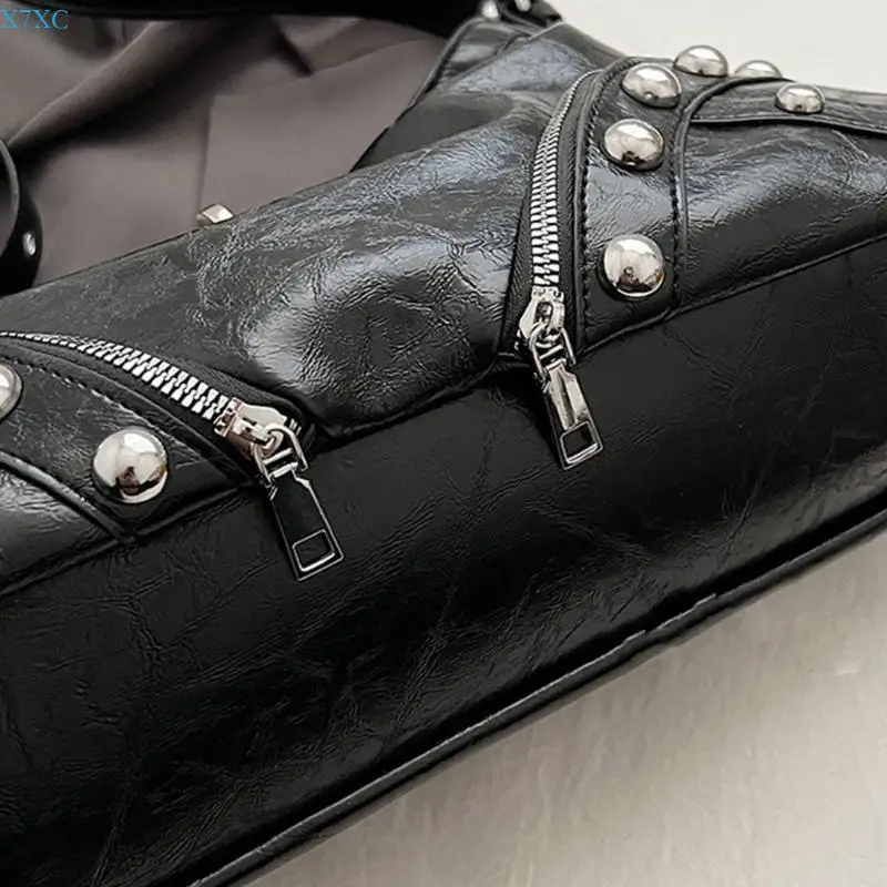 X7XC Стильная женская сумка под мышками с заклепками в стиле панк, сумка через плечо из искусственной кожи со складками, сумка с