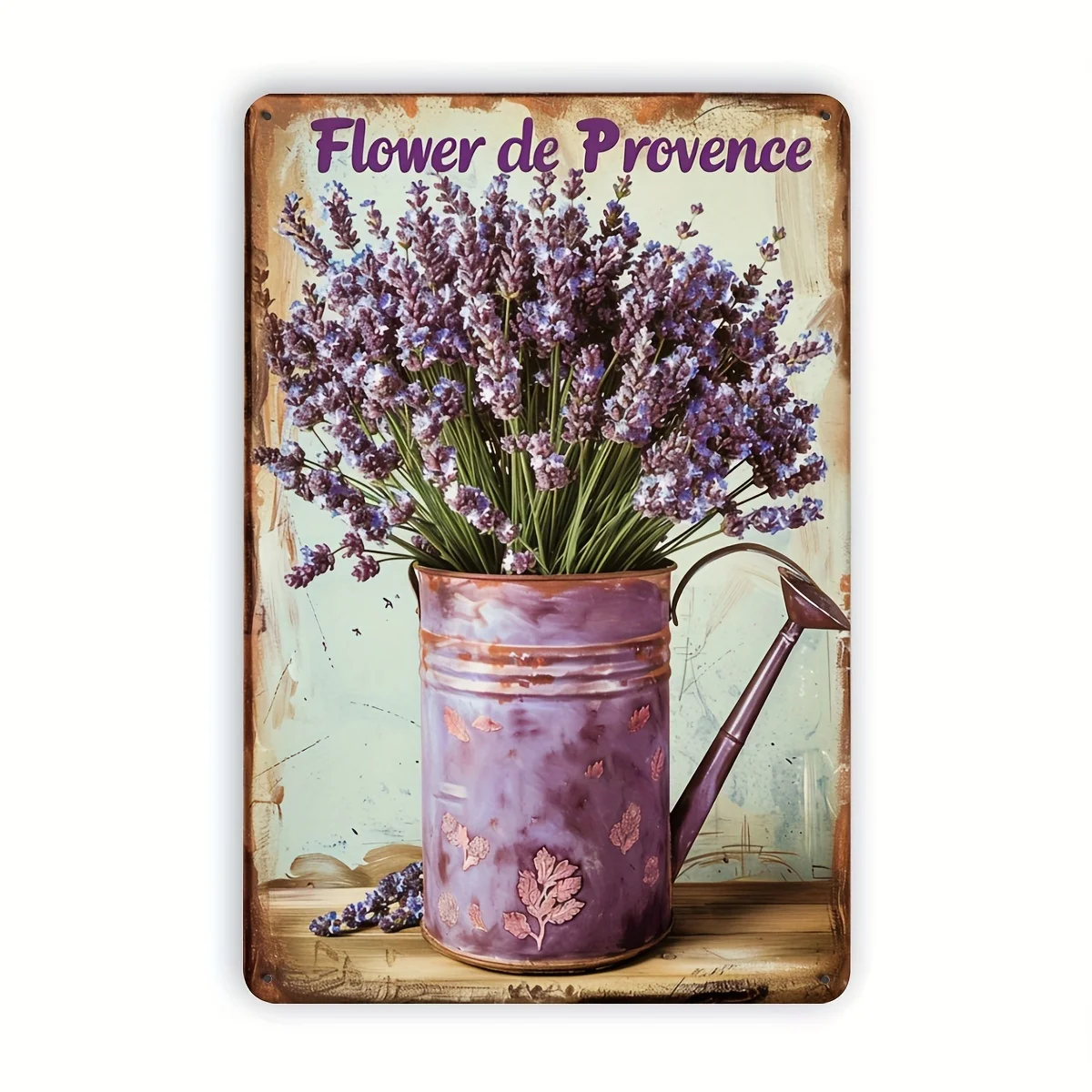 Charming Vintage Metal Sign Featuring Lavender—“The Flower of Provence”, Adorned with a Rustic Purple Watering Can and Blooming Lavender