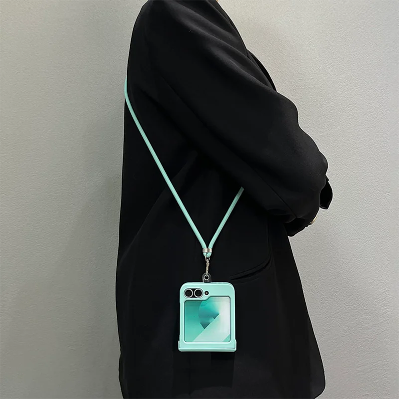 Luxury Matte Acrylic Slim Phone Case For Samsung Galaxy Z Flip6 ZFlip5 ZFlip4 Solid Light Cyan Crossbody Cover Hinge Protection