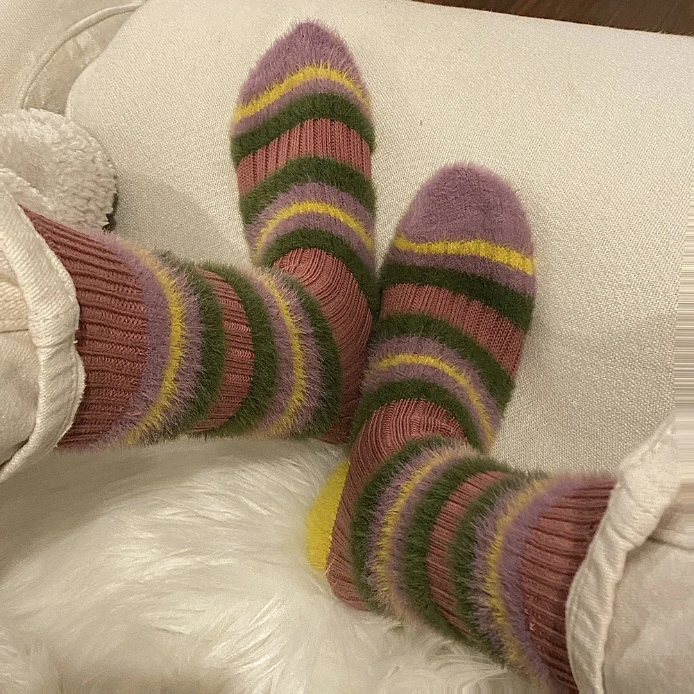 1/2pairs Striped Knitted Socks Women Girls Winter Warm Sock Home Mid-tube Mink Velvet Thick Stocking Thicken Fluffy Sleeping Sox