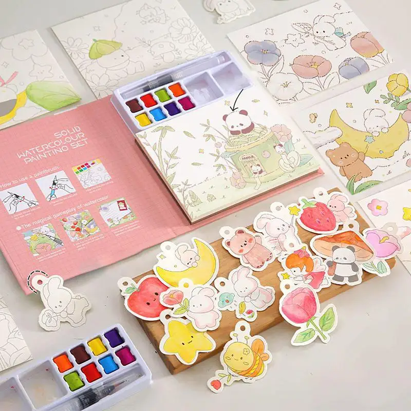 สีน้ําหนังสือสีน้ําสมุดระบายสีสมุดงานจิตรกรรม 24 หน้าศิลปะและหัตถกรรมชุดแปรงของเล่นเพื่อการศึกษา Art