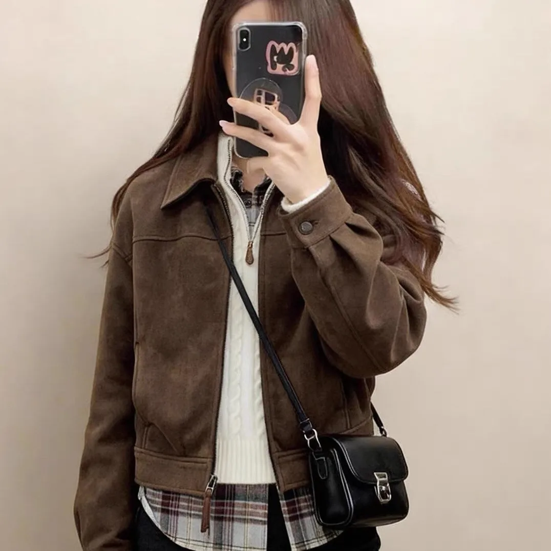 Brown Suede Jacket Women's Loose Fit Versatile Outerwear Retro Style Polyester Fiber Long Sleeve Zipper Closure Short Length