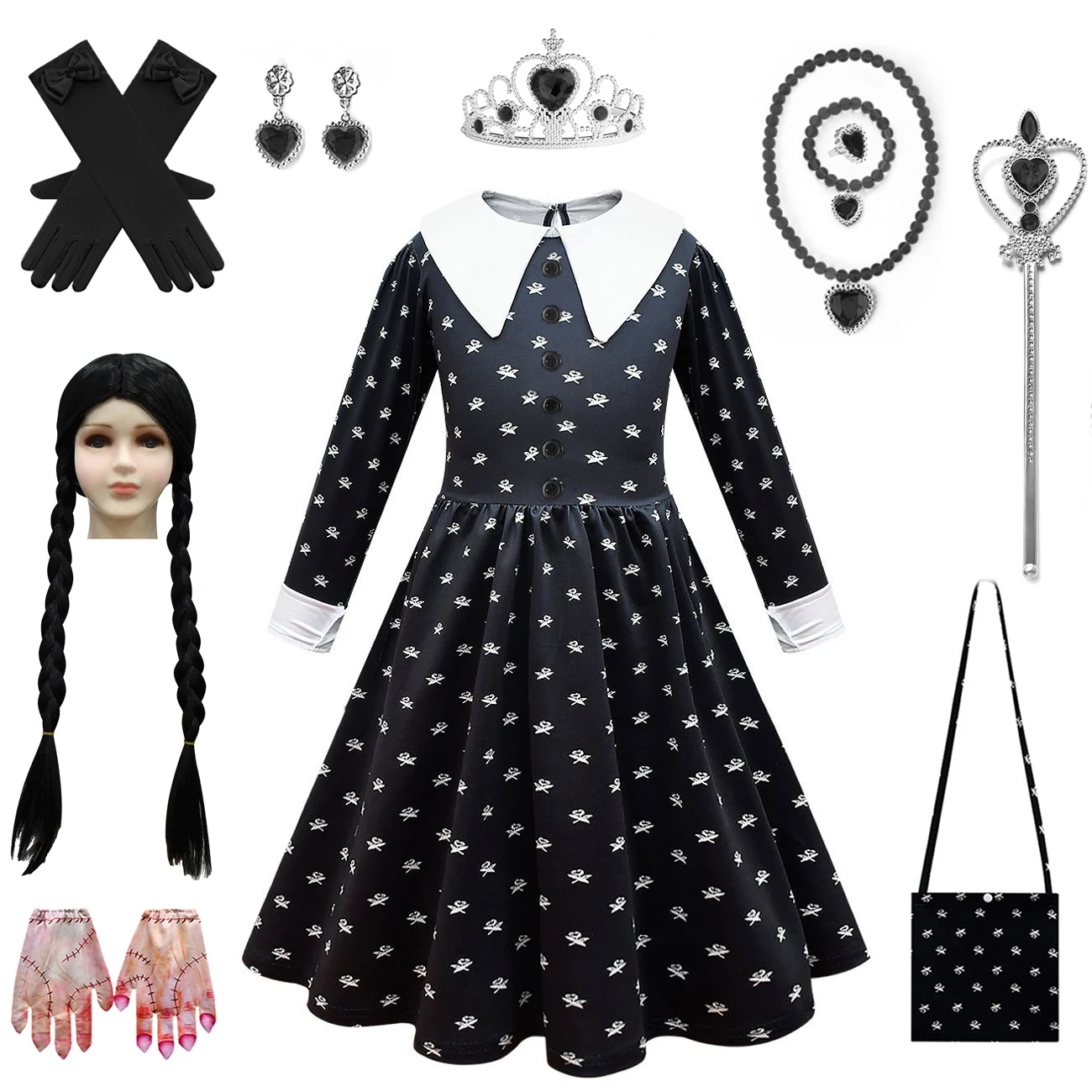 Girl Summer Dress Wednesday Adams Cosplay Costumes Addams Family Costume Hand Clothing Black Dress Wig for Kids Girls Clothes