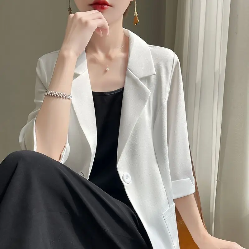 Elegant Lapel Splicedกระเป๋าAll-Match Blazerเสื้อผ้าผู้หญิง 2025 ฤดูร้อนใหม่หลวมสีทึบเกาหลีเสื้อลําลองblazer