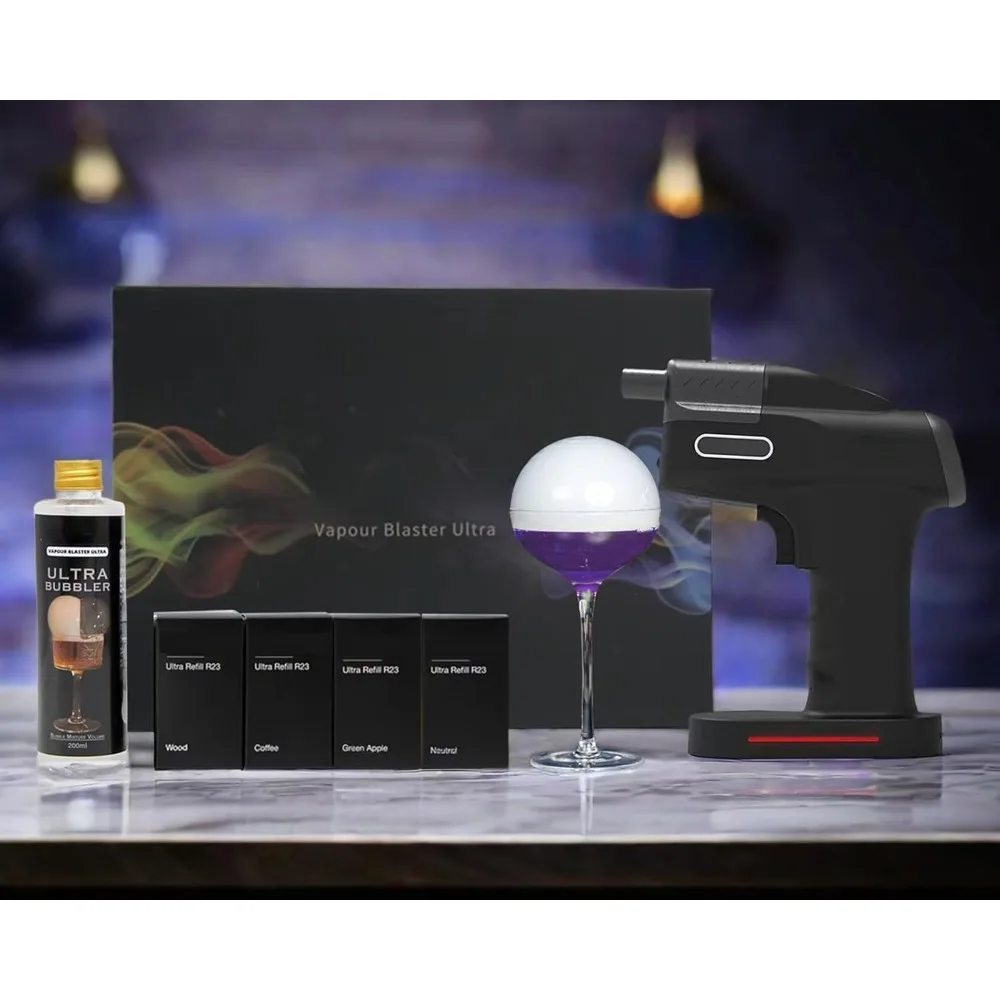 Cocktail Smoker Bubble Gun Kit for Bar/Home Use -Aroma Blaster Gun Set Includes 4 Flavour Aromas and Edible Bubbles