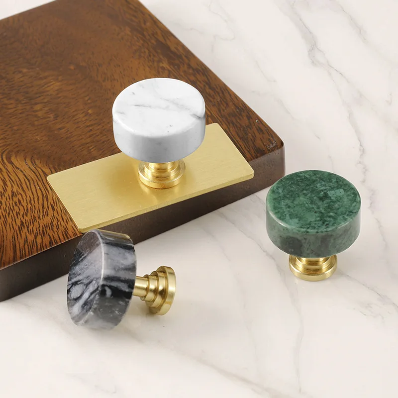 Round Marble Stone Furniture Handle Drawer Knob White Green Brass Handles For Kitchen Wine Cabinet Door Wardrobe Pulls DiyHome