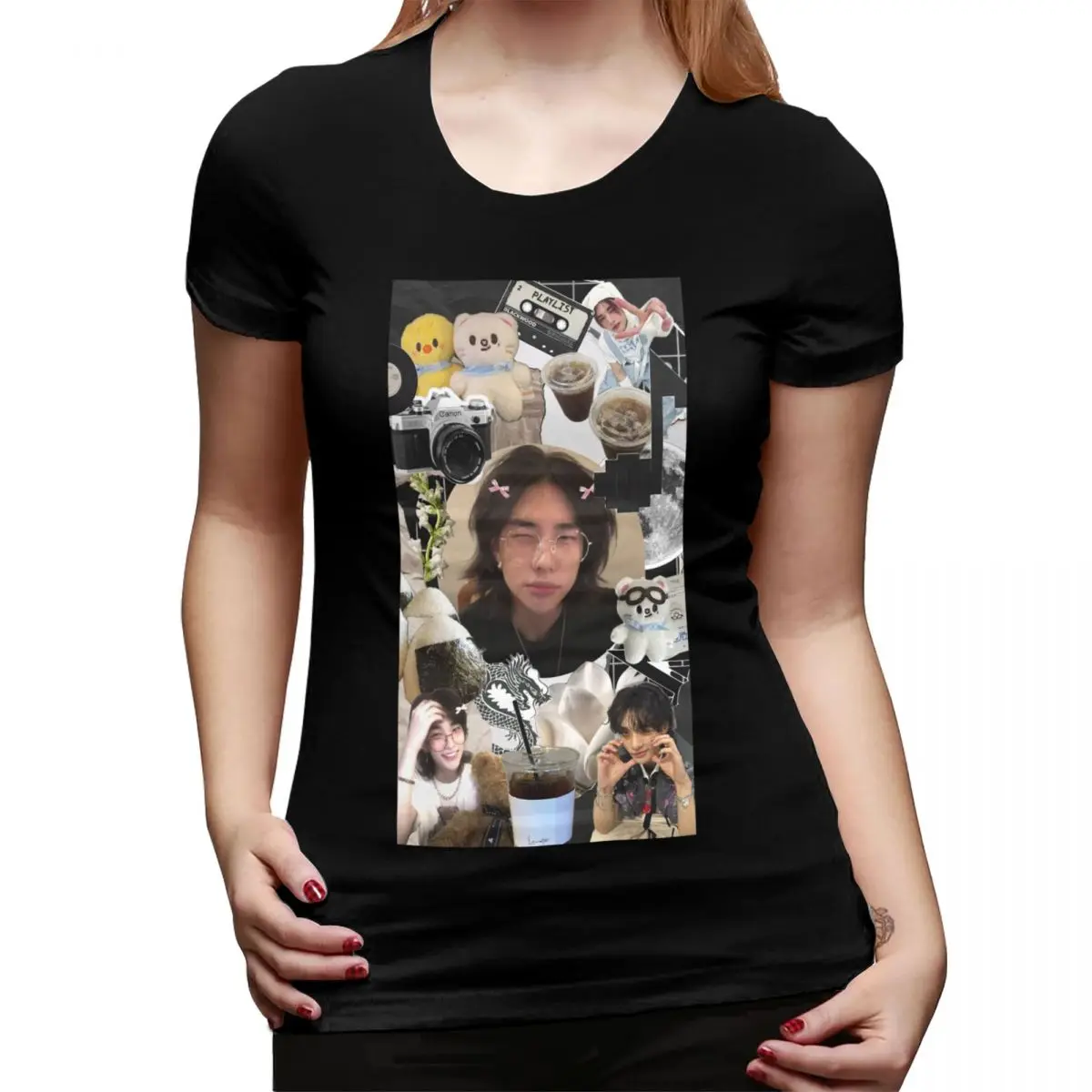 

Hyunjin футболка с коллажем для женщин, уличная футболка с круглым вырезом, женские футболки, короткая летняя одежда, топы