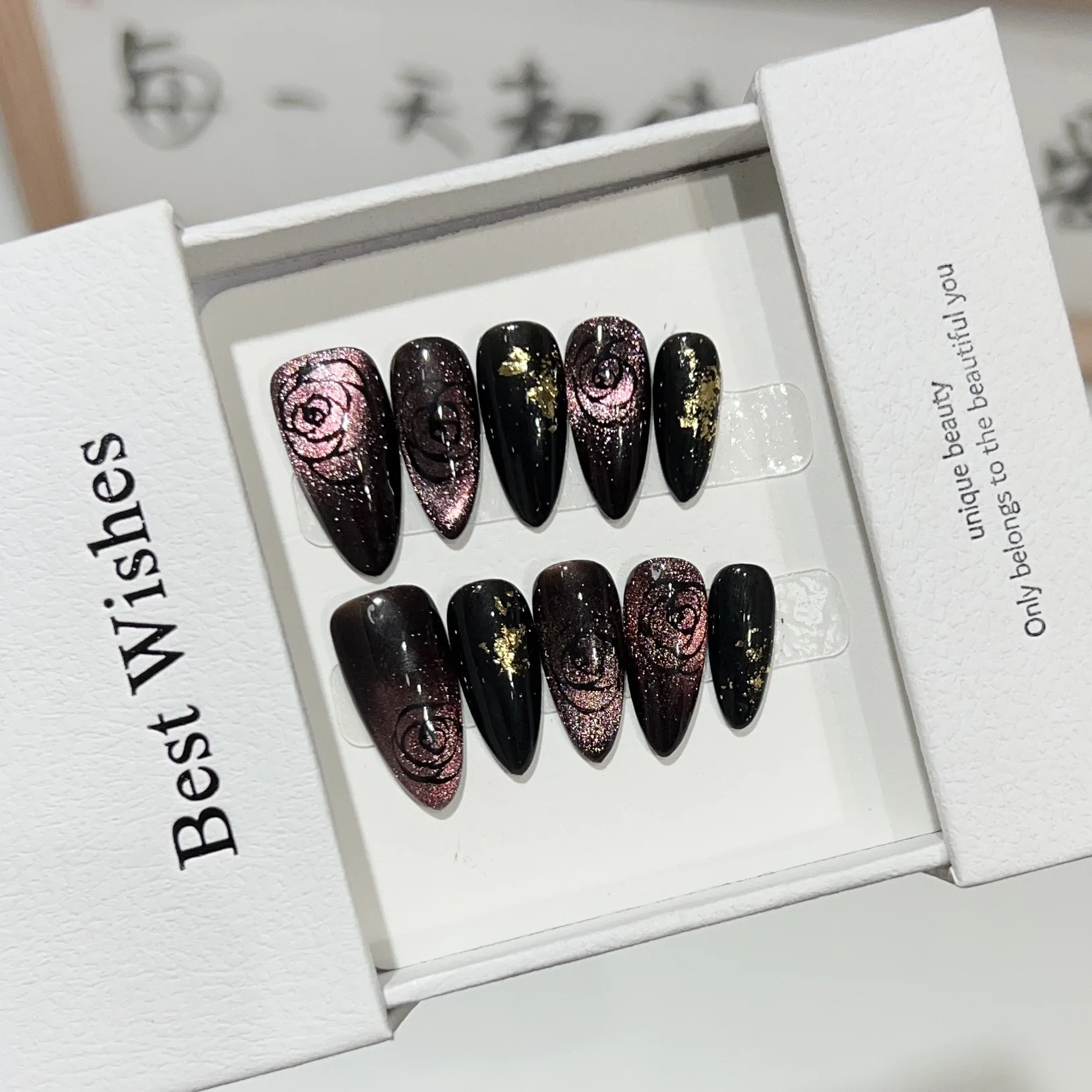 

10pcs Dark Black False Nail Tips Dynamic Rose Designs Handmade Press on Nails Glossy Shining Fake Nail Girl Gift
