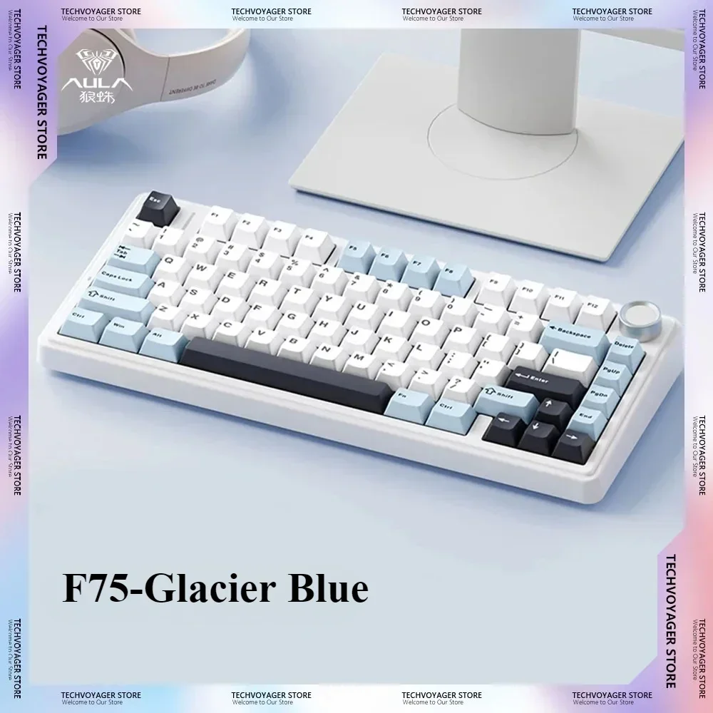 AULA F75 Glacier Blue Mechanical Keyboards 2.4G Wireless Bluetooth Wired Three Mode Keyboard Hot Swap RGB Light Gaming for Gifts