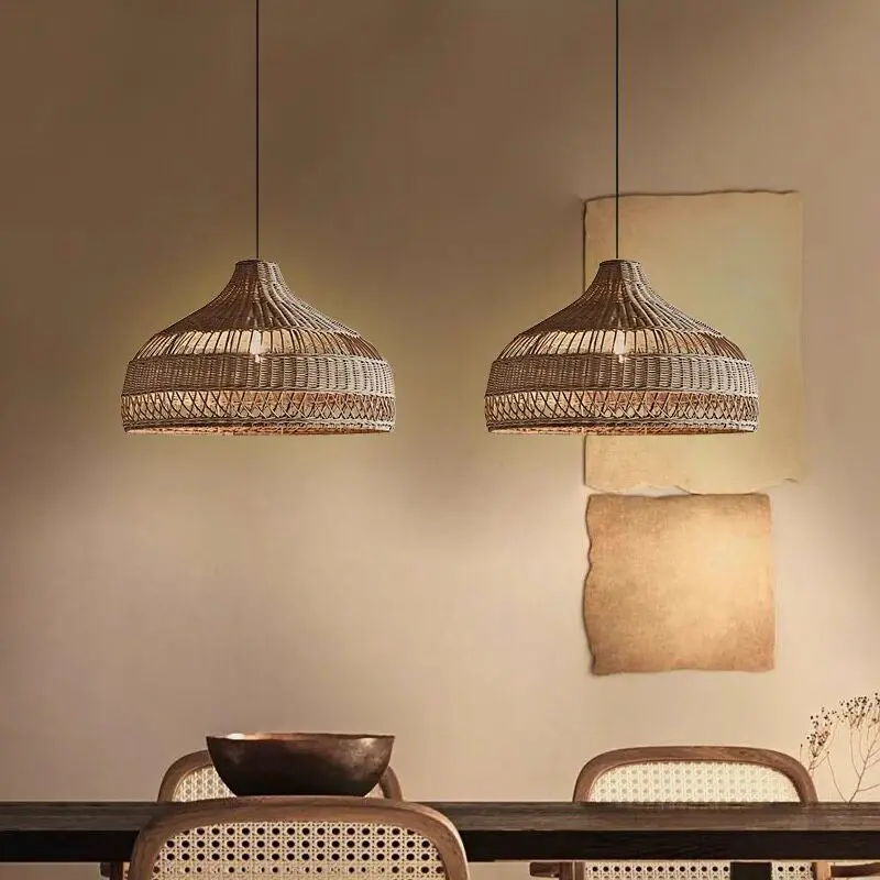 Rattan Weaving LED Pendant Light Japanese Wabi Sabi Hanging Lamps Tea Room Homestay Cafe Bedroom