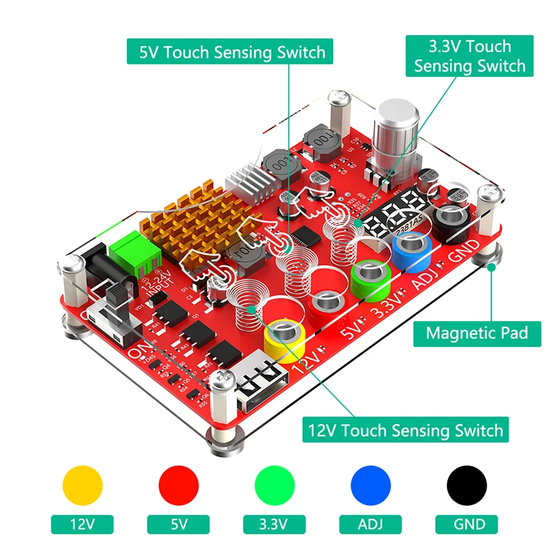 Placa de ruptura de voltaje con interruptor de Sensor táctil, perilla de voltaje ajustable ADJ de 1,8 V-10,8 V, entrada de CC de 13-24V a 3,3 V, 5V, 12V, USB 2,0