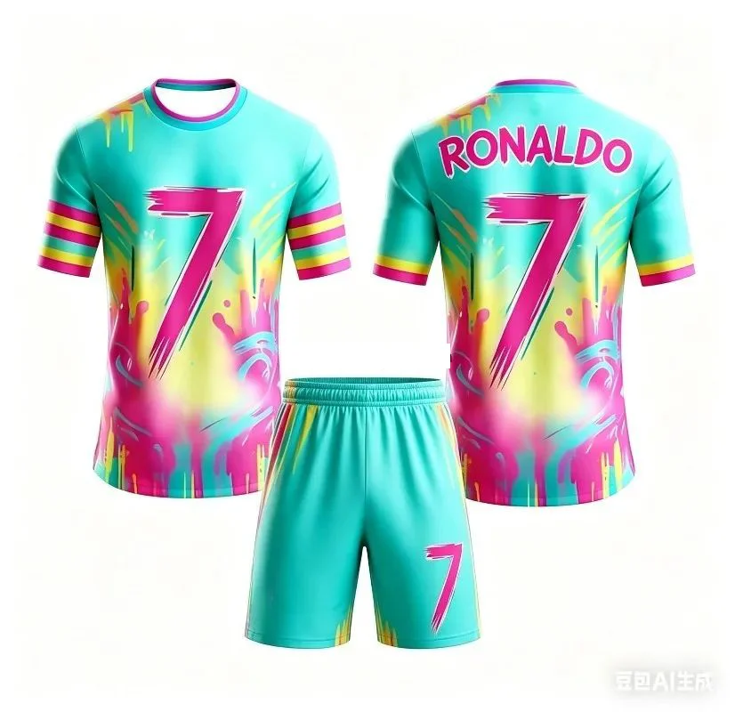 AI Ronaldo #7 Football Suit for Children and Adults, Graffiti Printed Unisex Shirt and Shorts, Quick Dry, Summer