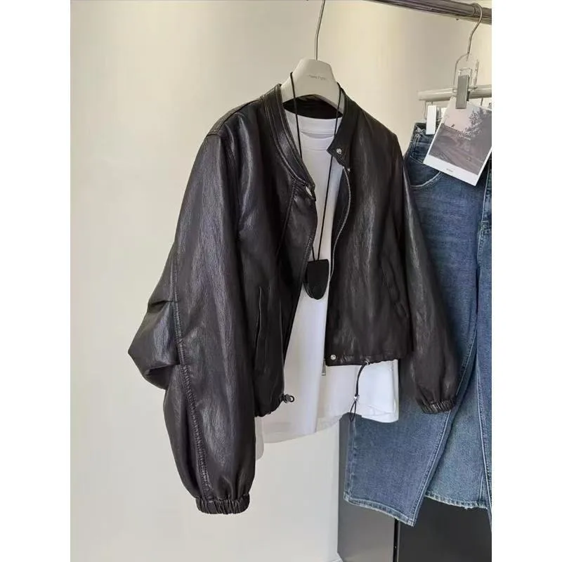 Spring Autumn New Style Drawstring Versatile Slimming Loose Top Trend Casual Style Stand Up Collar PU Leather Short Jacket Women