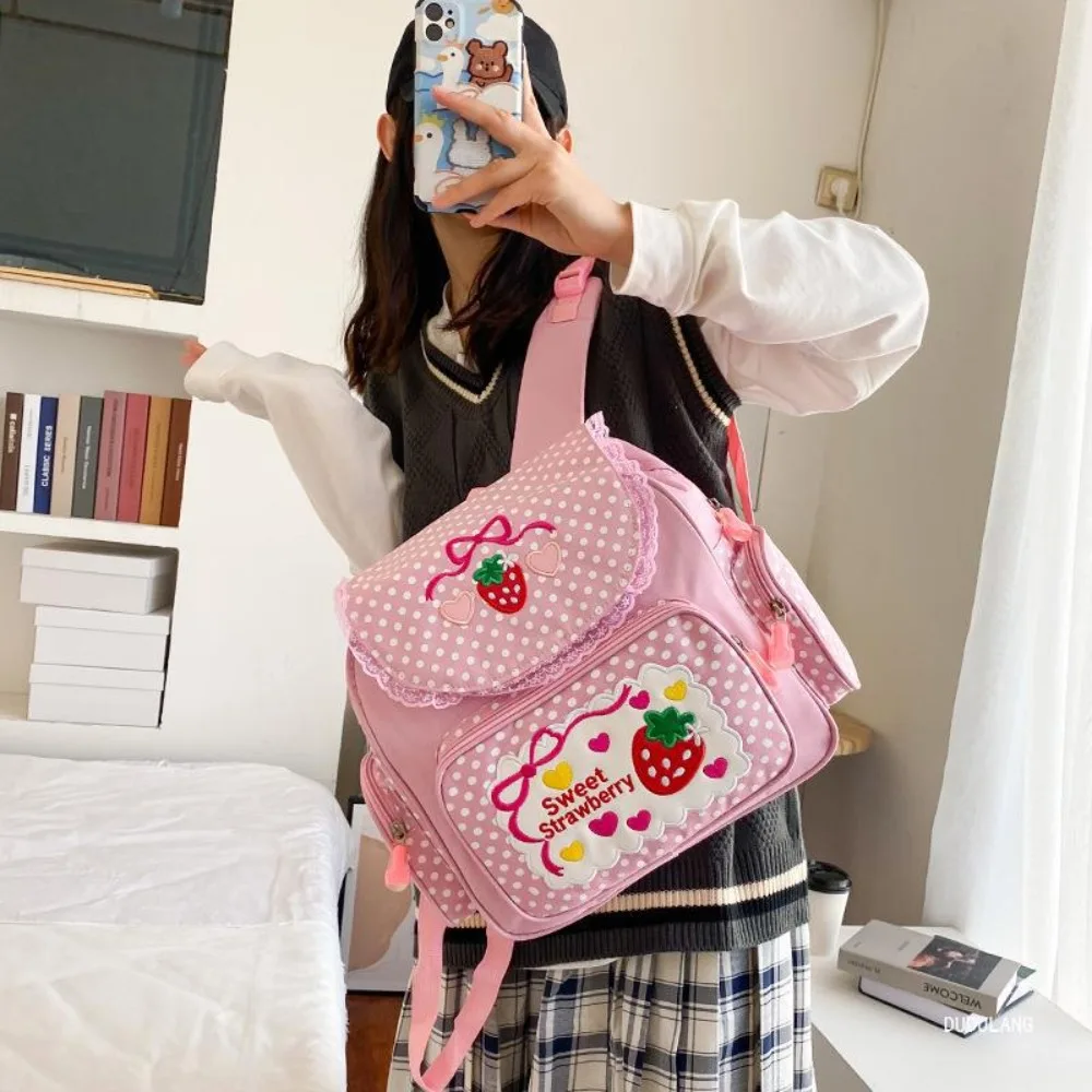 Kawaii Kids School Bag Cute Strawberry Embroidery Large Capacity Campus Bag Multi-Pocket Dots Shoulder Bag for Teenager Girl