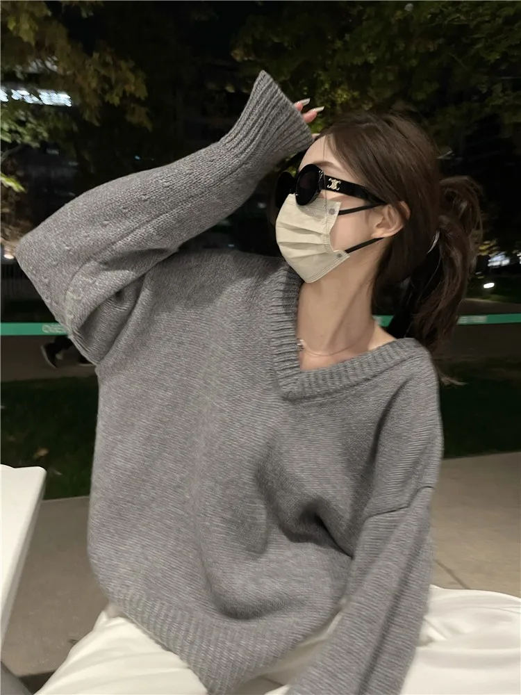 

Thiened Woolen Knitted Sweater V-Ne Loose Women's Autumn Winter Street Sle Long Sve Turtlene Pullover Outerwear