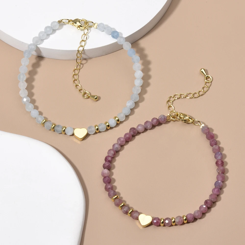 Wholesale 4MM Natural Stone Sunstone Lapis Amethyst Garnet Rose Quartz Faceted Rounds and Hematite Heart Bracelets For lady