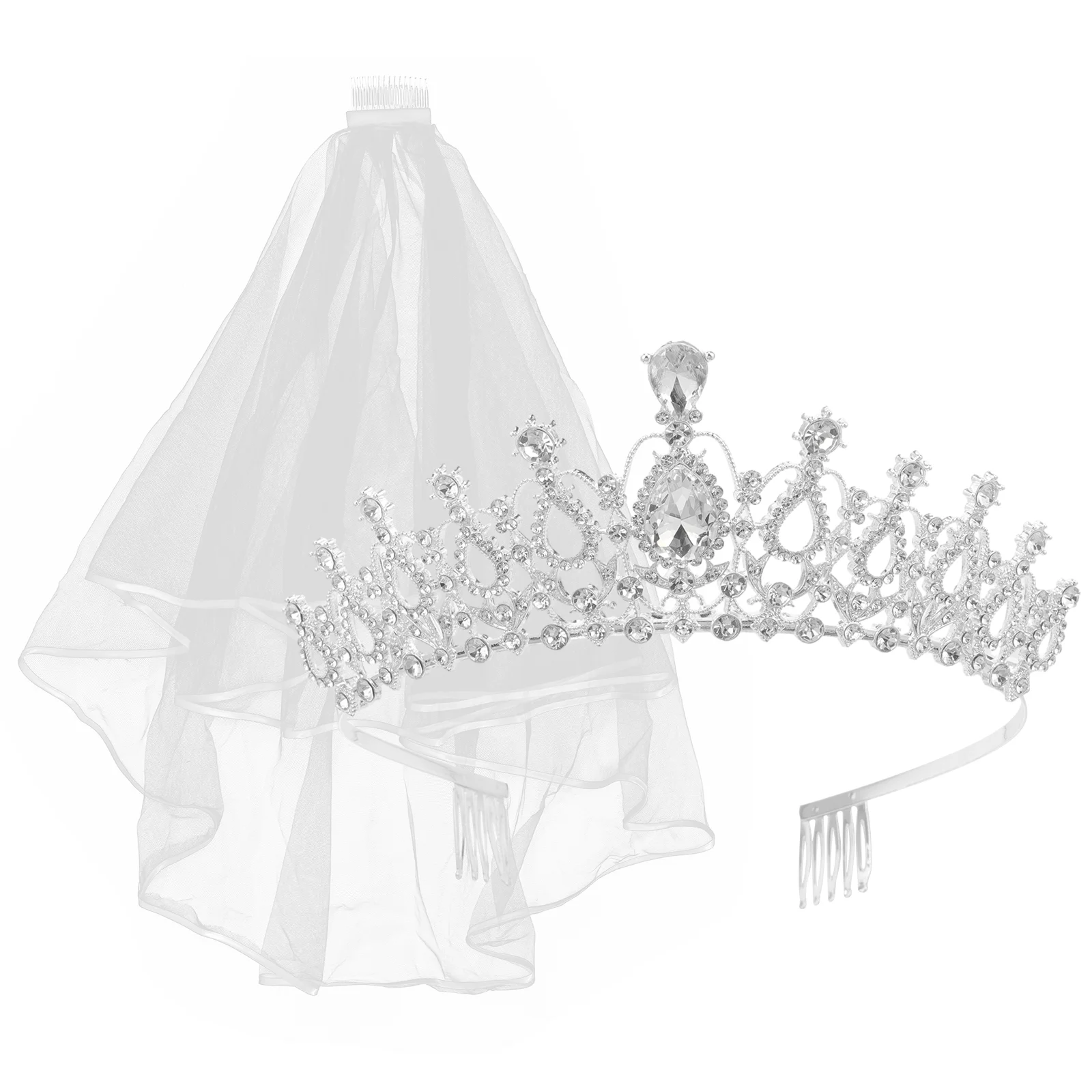2PCS Frcolor Rhinestone Tiara Crown Veil With Comb Elegant Design Rhinestone Ribbon Comb Crown Communion Veil