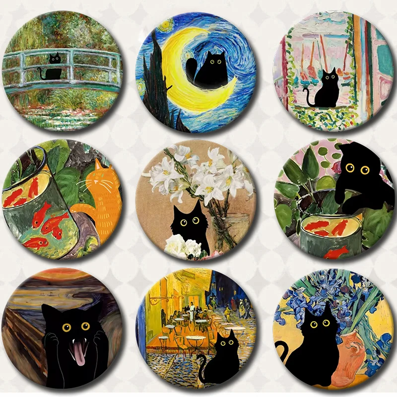 Funny Art Matisse Monet Black Cat Van Gogh Badge Gogh's Art Button Pin Backpack Clothes Collar Lapel Pin Jewelry Accessories