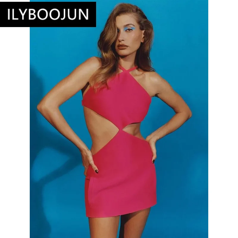 Solid Nude Women Summer Style Sexy Backless Cut Out Bow Tie Hot Pink Mini Bodycon Bandage Dress 2024 Elegant Evening Party Dress