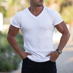 Deep V Neck T Shirt for Men Low Cut Vneck Wide Vee Tee Male Tshirt Invisible Undershirt Model Scoop Hem Slim Fit Short Sleeve