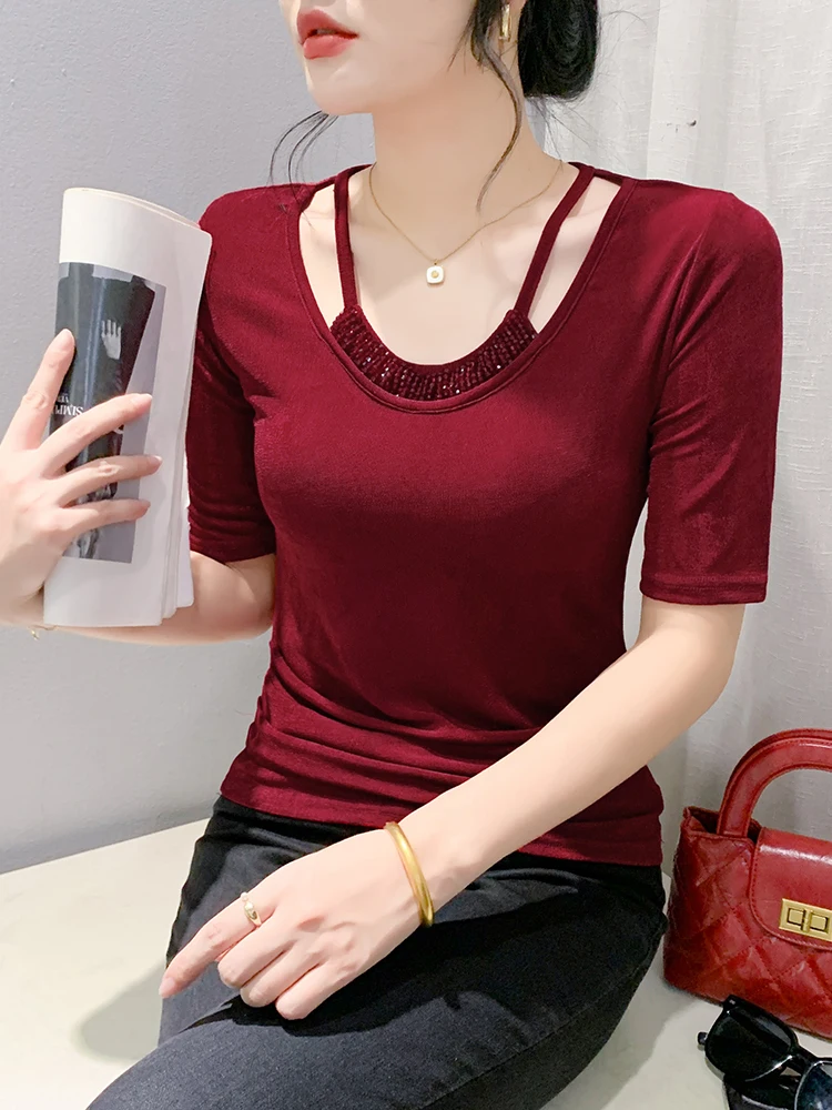 #7218 Black Gray Red Half Sleeve T Shirt Women V-neck Sexy Skinny Tee Shirt Femme Split Joint Diamonds Womens Tshirt Summer 2024