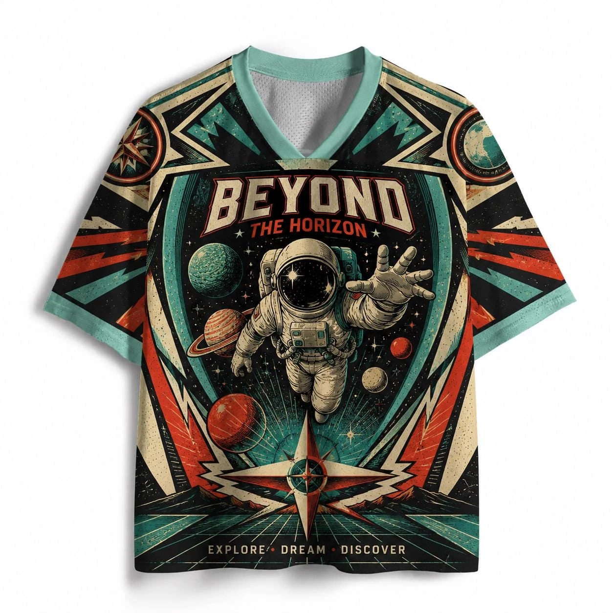 Latest Unisex Vintage Outer Space Astronaut Planet Print Tee Shirt Trendy Urban Street‑Style V‑Neck Short Sleeve Casual Tops