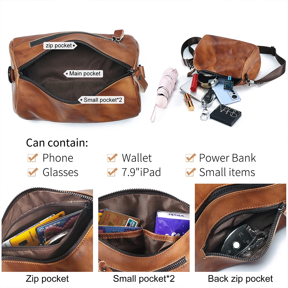 Vegetable-tanned leather trend men's crossbody bag first layer cowhide shoulder bag round bag men's bag