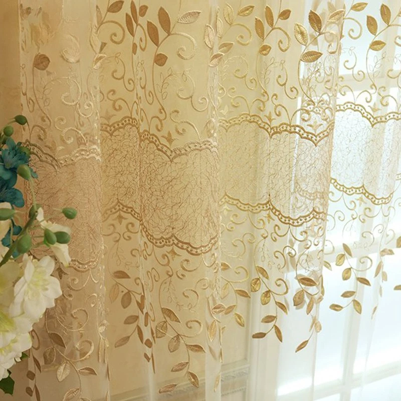Luxury Gold Thread Embroidered Sheer Curtains Light Filtering Privacy Voile Panels for Bedroom Living Room Balcony