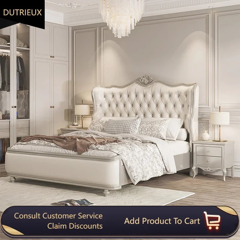 

French Leather European Style Elegant Double Bed Pretty Carved Luxury Queen Bed Frame Modern Cama Matrimonial Bedroom Furniture