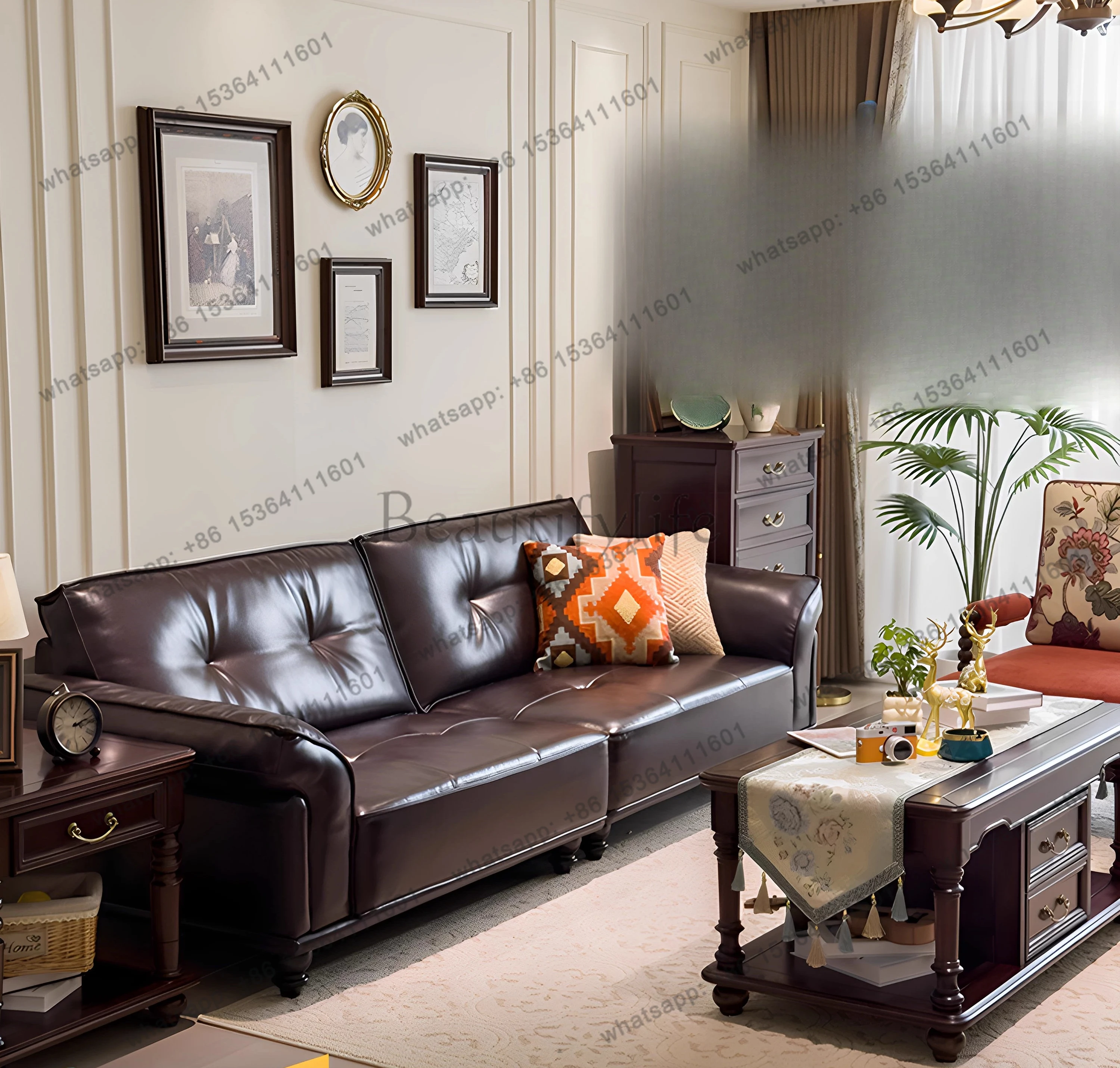 American leather retro sofa living room straight row three French medieval sofa