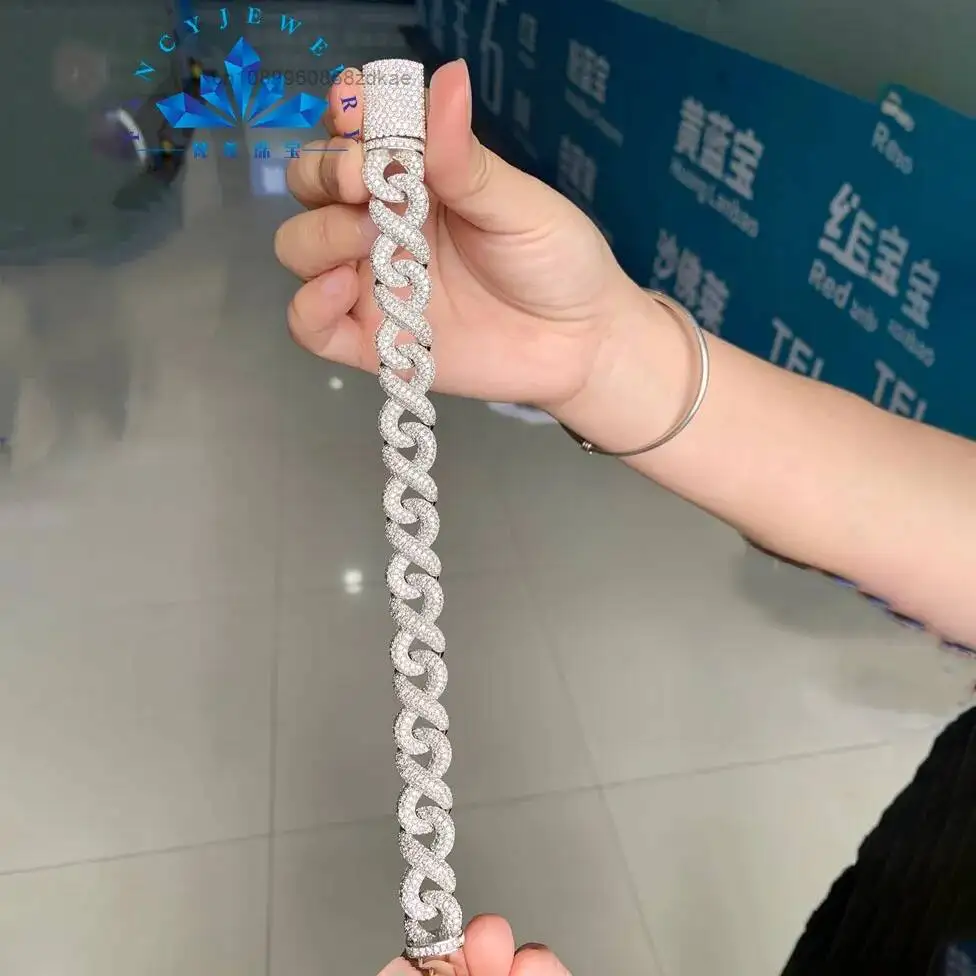 Fashion Wholesale Custom S925 15MM Sterling Silver Bracelet Hip Hop Rap Iced Moissanite Full Diamond Twisted Miami Cuban Chain M