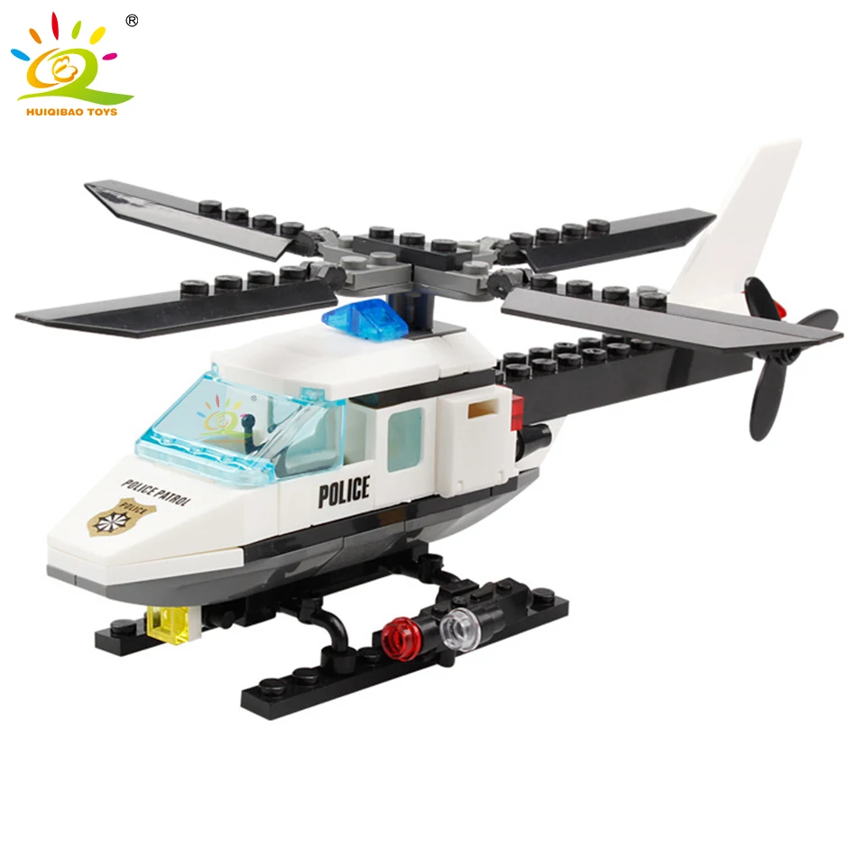 HUIQIBAO 102Pcs City Police Helicopter Model Building Blocks Set With 1 Figure Bricks Educational Toys For Children Boys Gift