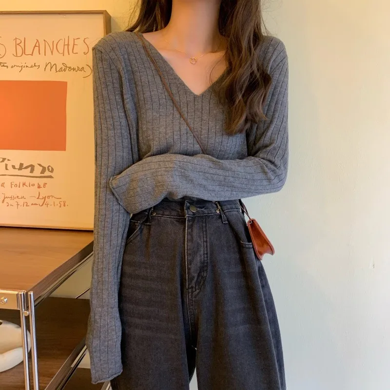 

V-Ne Long Sve Pure Color Base irt Вязаное женское свободное волокно из полиэфирного волокна в стиле ретро, осень-зима, новая корейская версия