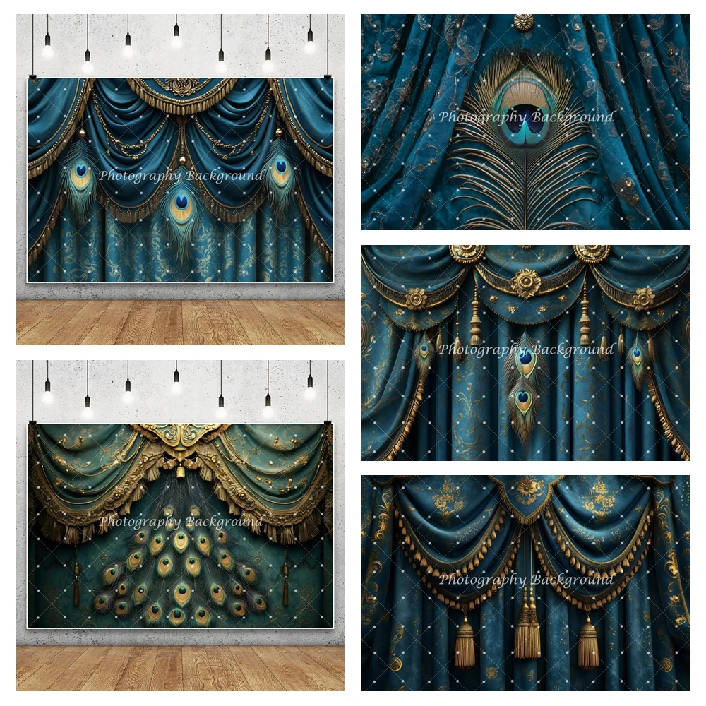 Indian Religious Ceremony Decor Backdrop Sacred Teal Peacock Feather Curtains Royal Blue Emerald Green Drapes Photo Background