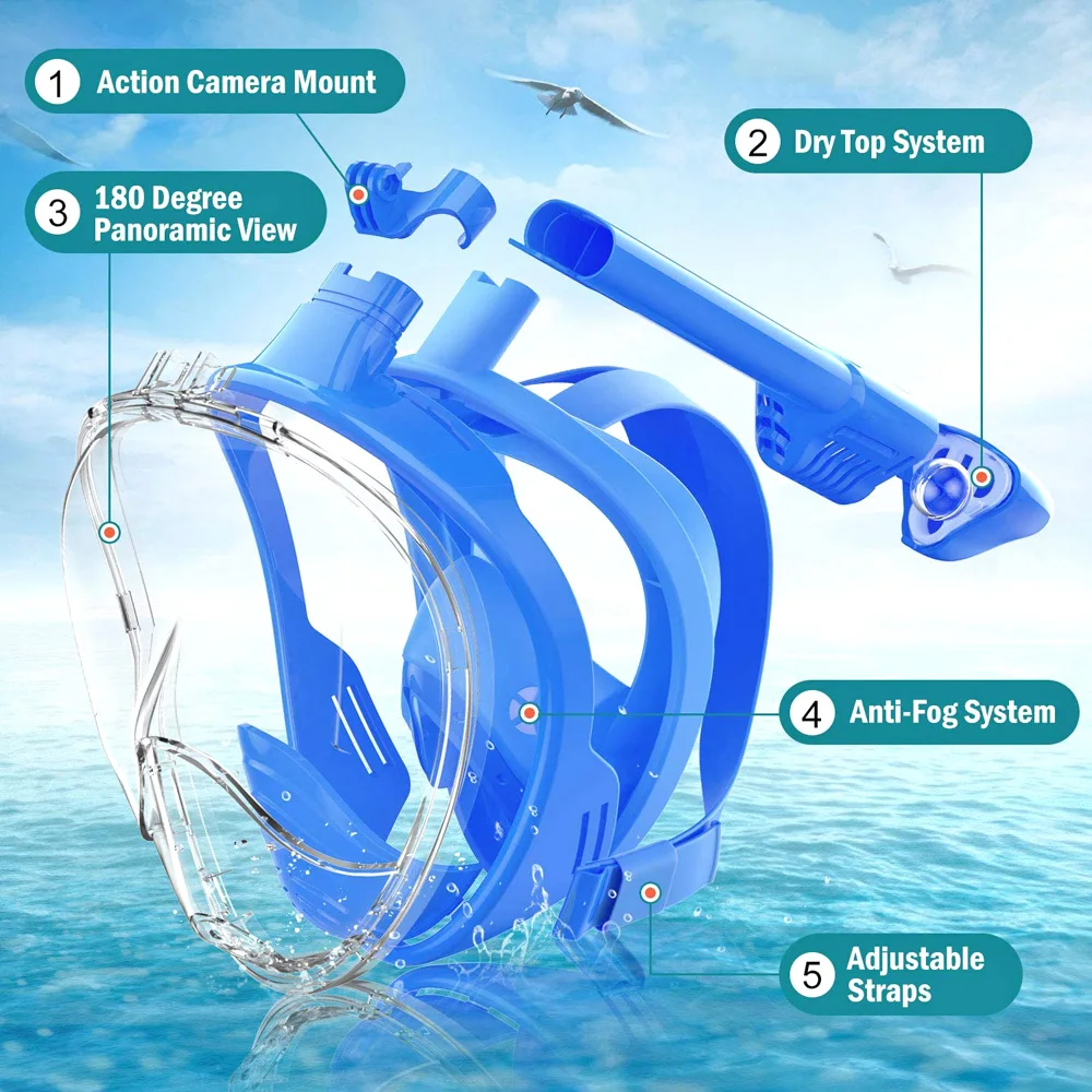 Kids Full Face Snorkel Mask Diving Mask With Detachable Camera Mount Wide View Anti-Fog Anti-Leak Snorkeling Swimming for Child