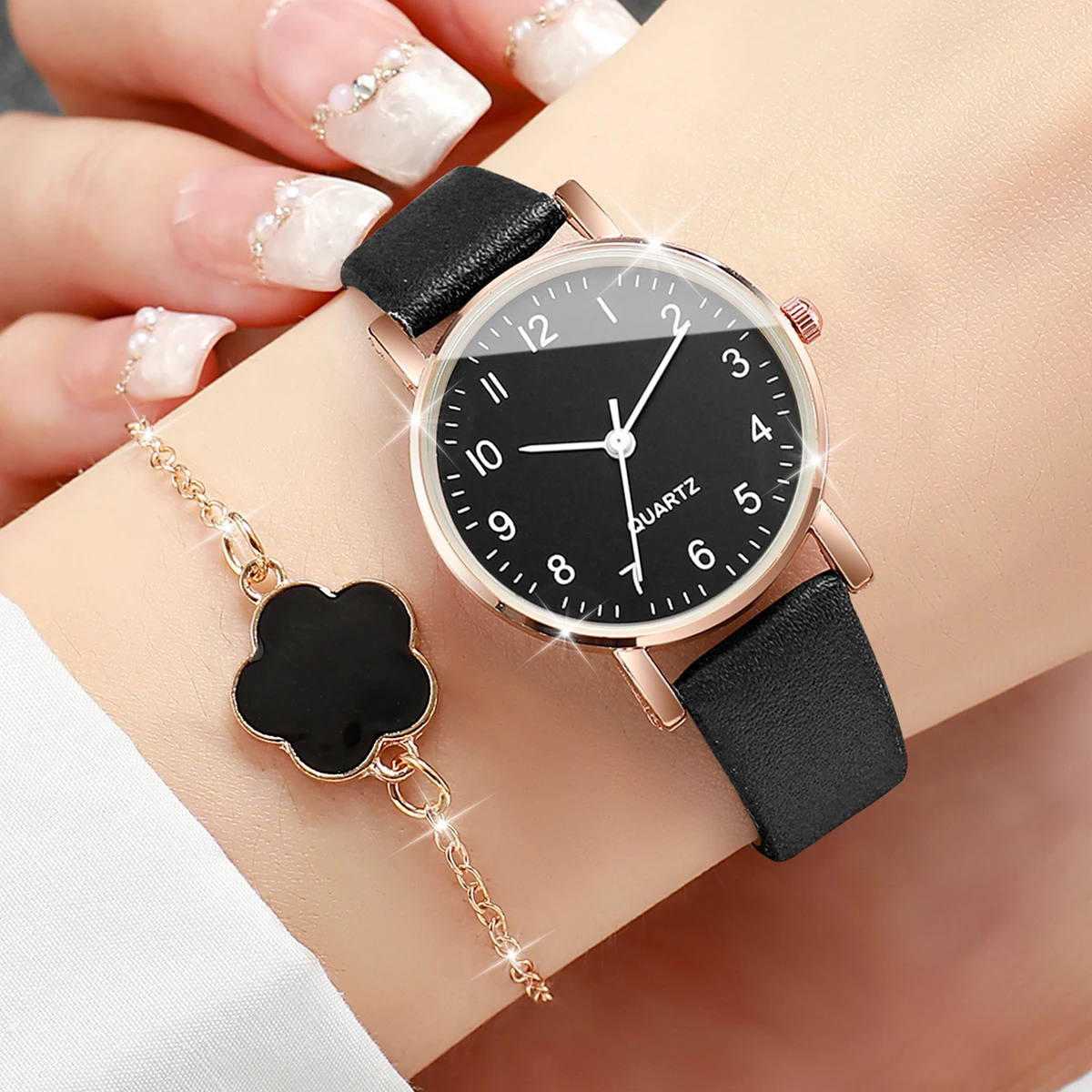 6PCS Women\'s Watch Fashion Small Arabic Dial Leather Band Quartz Watches Jewelry Set（Without Box）