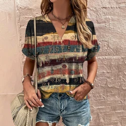 Retro Harajuku Stripe Print Women's T-Shirt Summer V-Neck Short Sleeve Tee Casual T Shirt For Women Streetwear Pullover New Tops