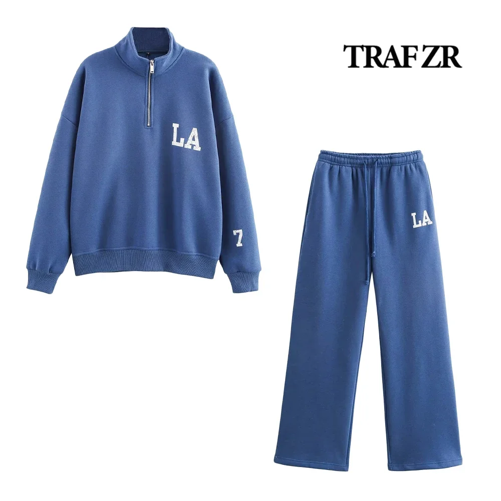 TRAF ZR Basic 2 ชิ้นสุภาพสตรีชุด 2024 Varsityพิมพ์ข้อความSweatshirtชุดNormcore Plush Poloเสื้อกันหนาวซิปสูงคอ