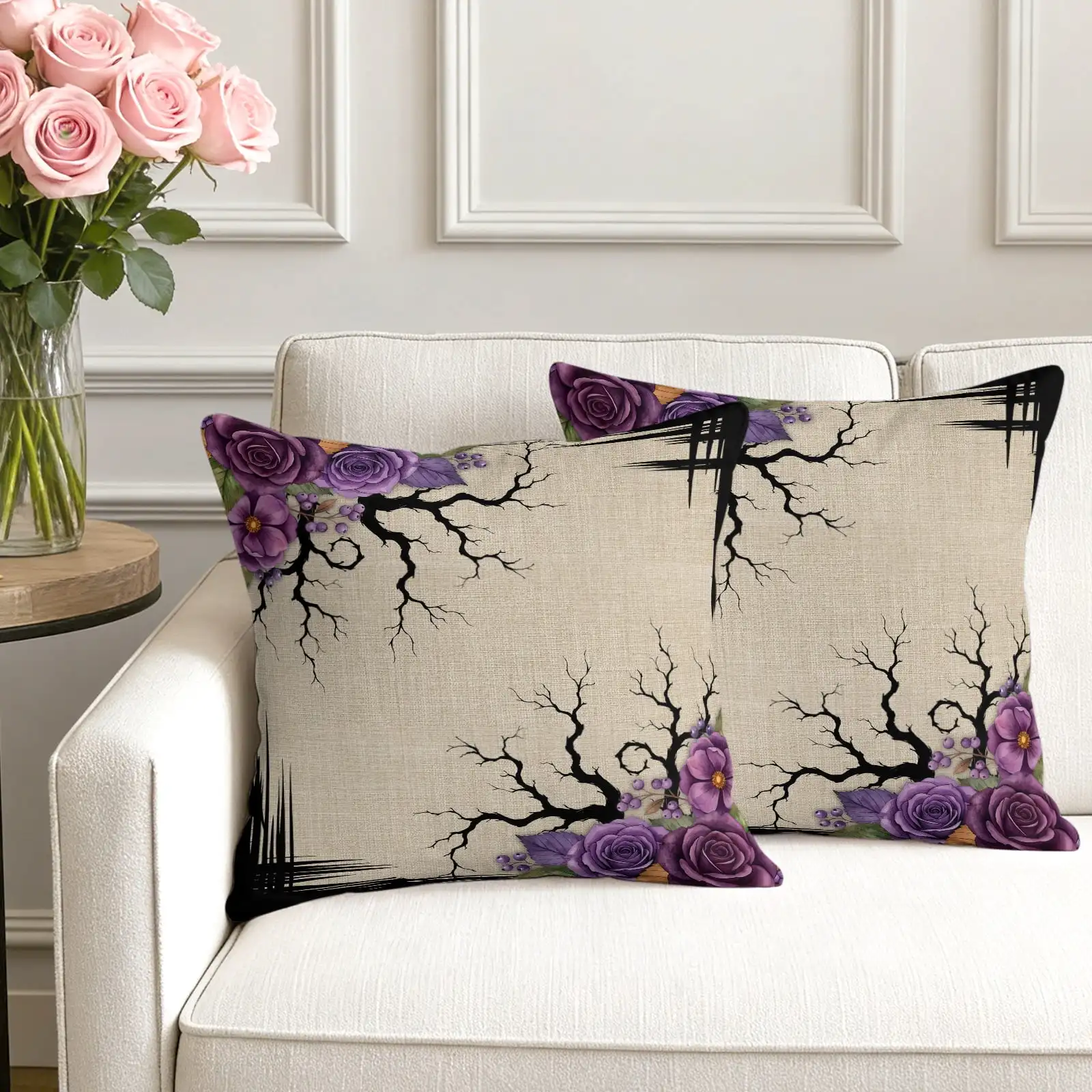 Set of 2 Halloween Pillow Covers 16x16 Inch, Dark Romantic Vintage Purple Rose Goth Tree Linen Texture Decorative