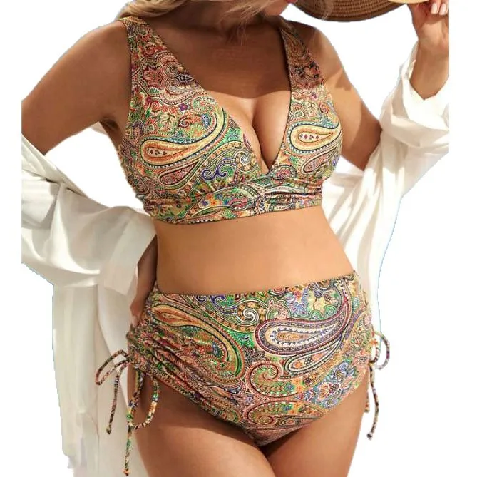 High-Waist Two-Piece Maternity Bikini Women's Swimsuit Slimming Print Vacation Beach Knot Design Swimming Costume