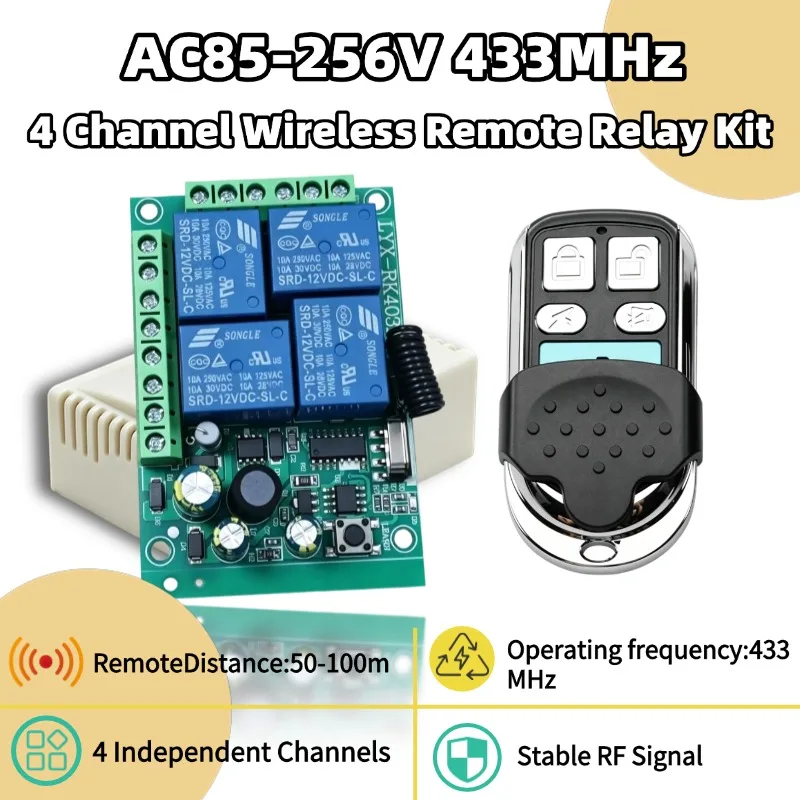 433Mhz Universal Wireless 4-key Remote Control Light Switch AC 85V 110V 220V 4CH RF Relay Receiver for Light/Garage Door/LED DIY