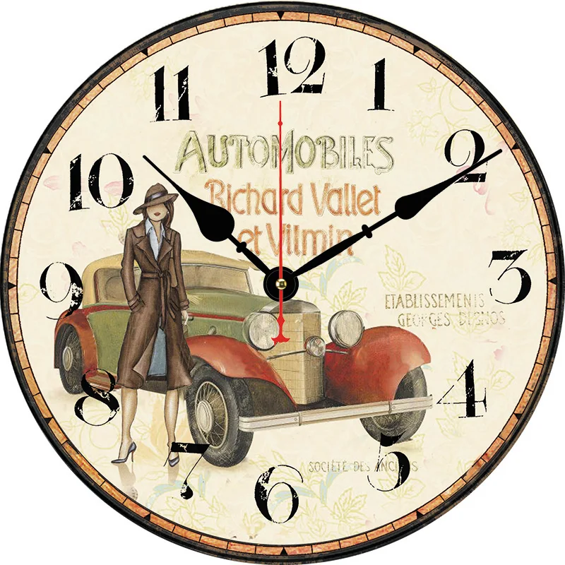 Reloj de pared redondo Retro para coche, sala de estar, dormitorio, cocina, decoración del hogar, reloj de pared, reloj de cuarzo silencioso, artículos de decoración del hogar