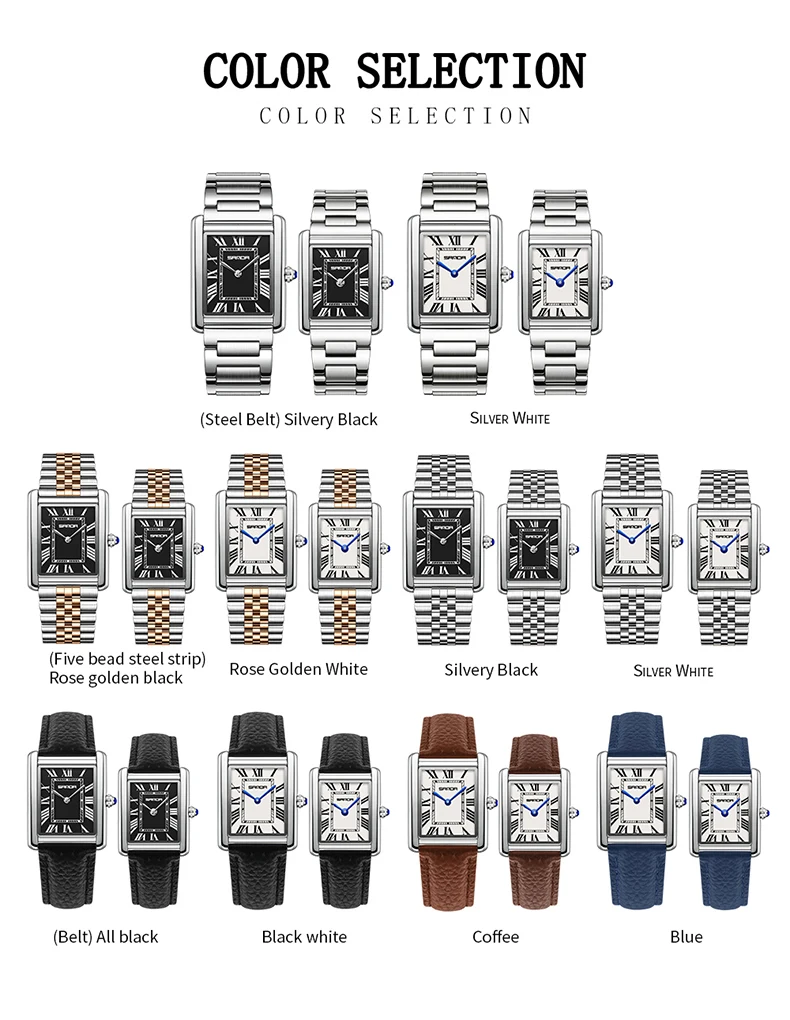 Sanda แบรนด์ชั้นนําใหม่ 1108 แฟชั่นสแควร์คู่นาฬิกาควอทซ์ขนาดโรมันกันน้ําผู้ชายและผู้หญิงนาฬิกาควอทซ์